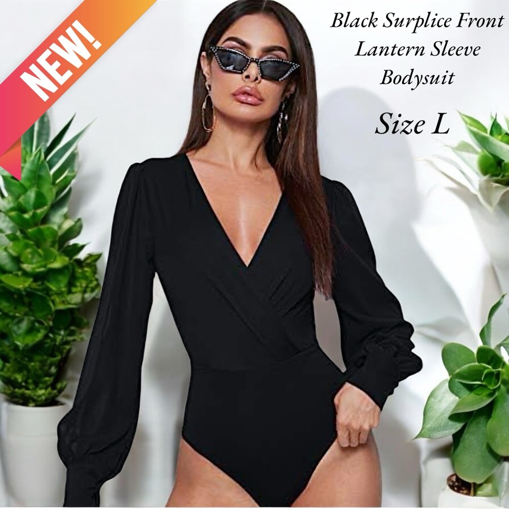Black Surplice Front Lantern Sleeve Bodysuit